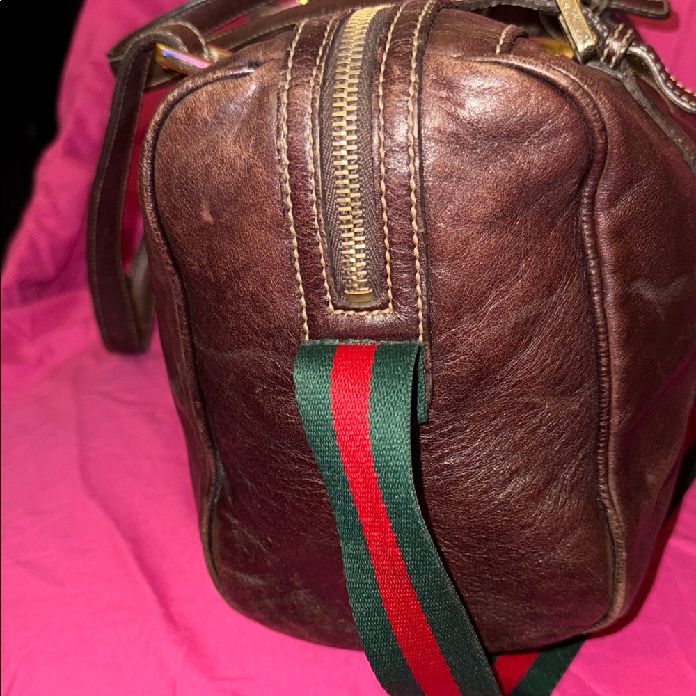 Gucci Brown Leather Duffel Bag with Green and Red Accents - Picture 6 of 16